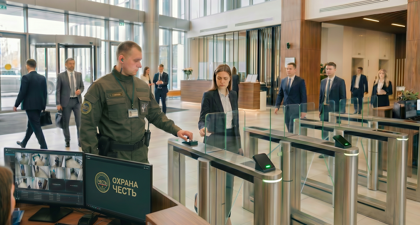 Сотрудник ЧОП Честь на посту охраны офисного здания в Москве, расчёт стоимости